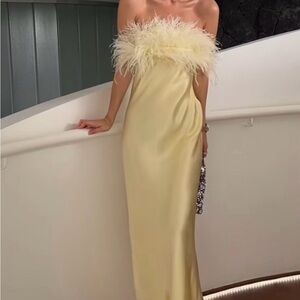Zara yellow strapless satin feather dress